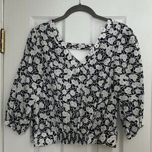 Anthropologie Navy & White Floral Smocked Blouse | Size 0